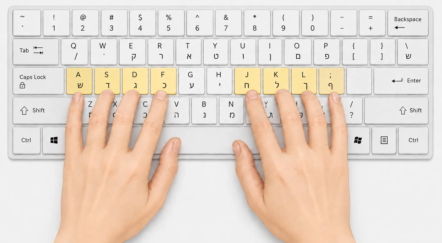 Hand position on the Israeli keyboard home row: fingers rest on A S D F and J K L ;, with F and J highlighted as anchors.